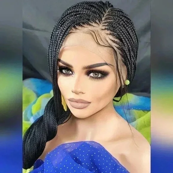 ๐ Braided full Lace Wig: African-Inspired, Black wig Human-Synthetic, "YARA" - Picture 7 of 16